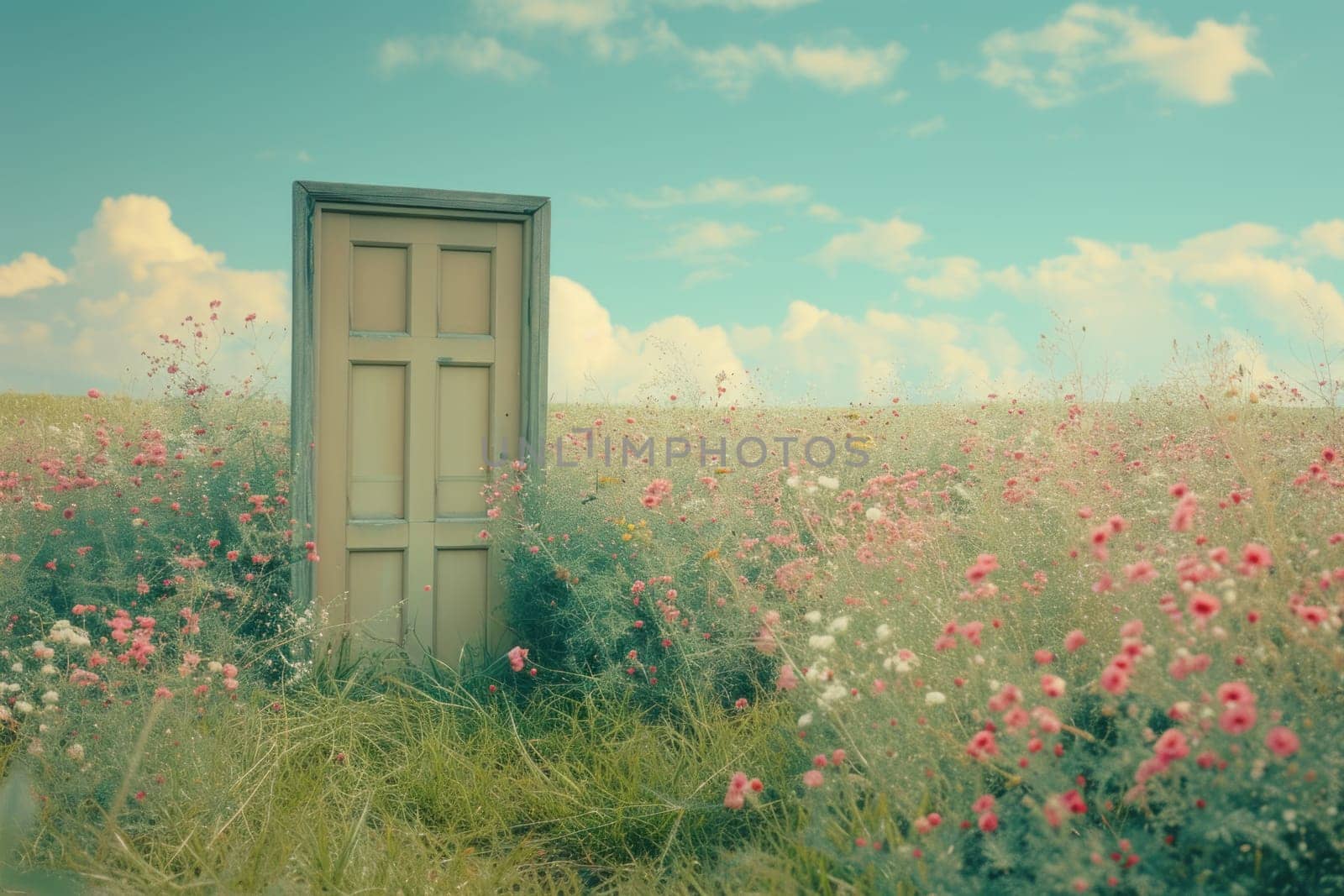 Door in field landscape at day, concept of new goals and progress. Generative AI.
