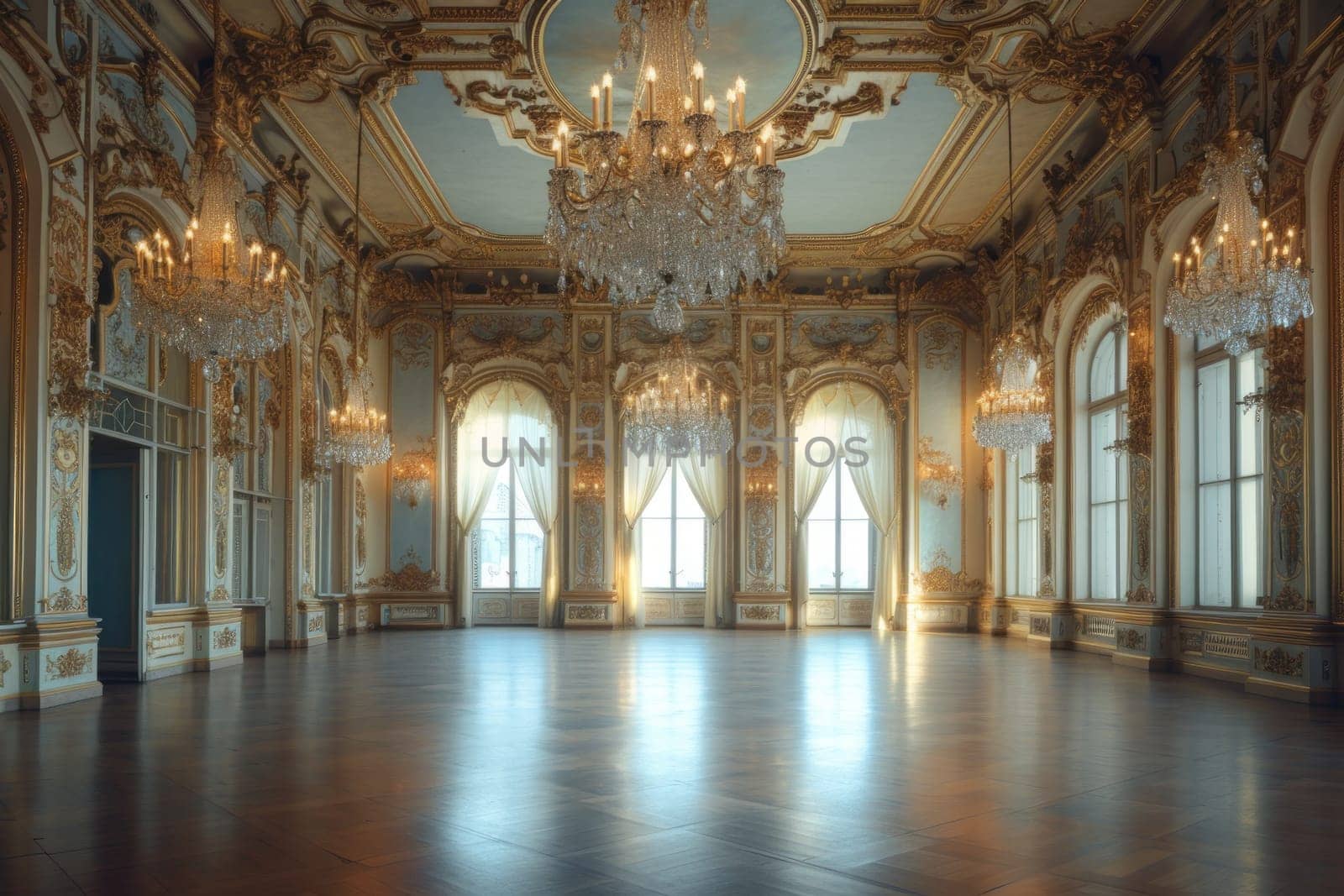 An Antique Ballroom with Crystal Chandeliers and Ornate decor. Generative AI.