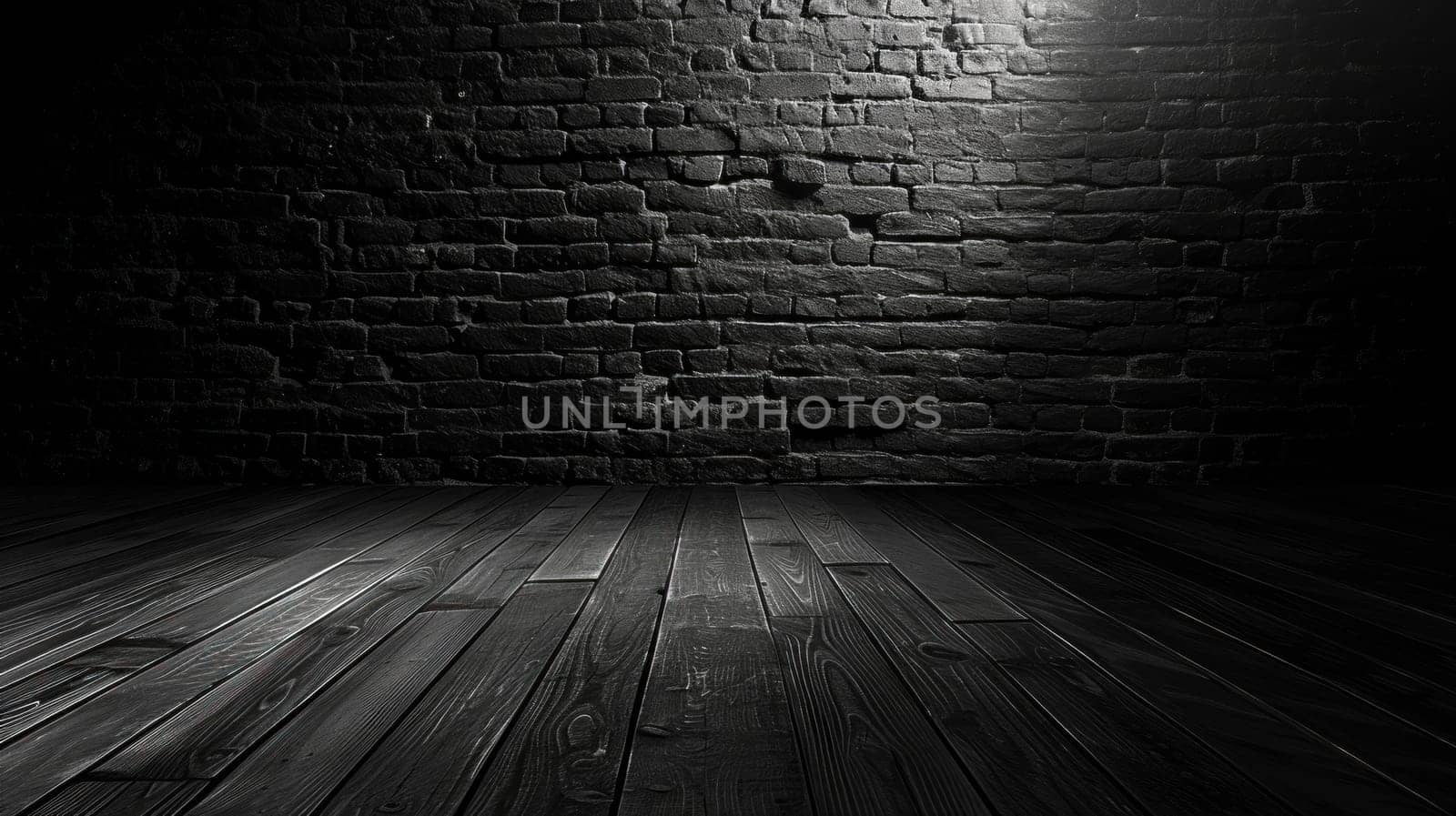 Dark brick wall and wooden floor in an empty room, in the style of minimalist. Generative AI.