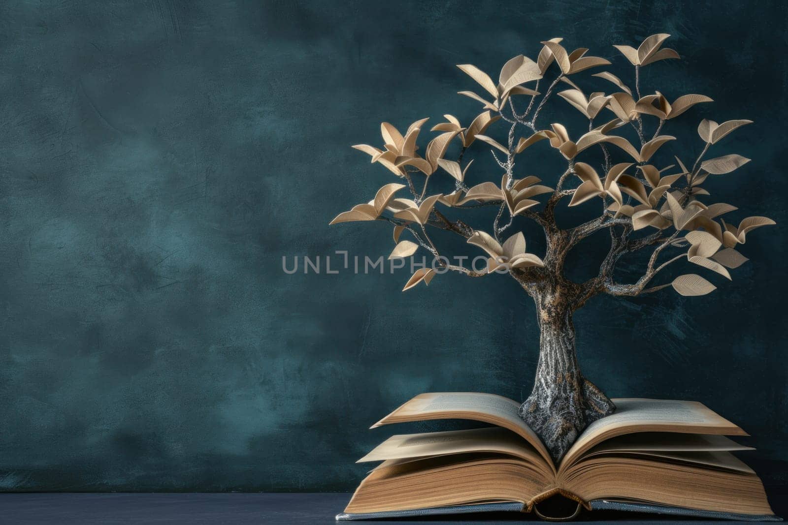 Tree with book leaves symbolizing growth through reading. Generative AI.