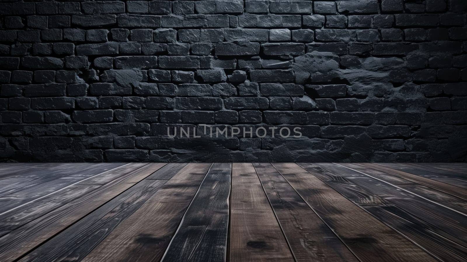 Dark brick wall and wooden floor in an empty room, in the style of minimalist. Generative AI.