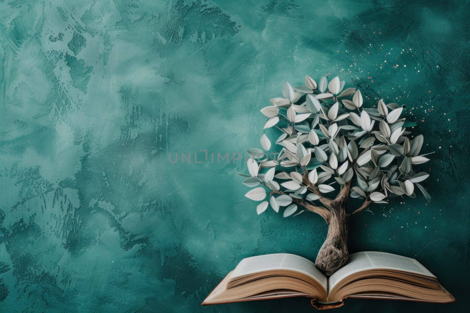 Tree with book leaves symbolizing growth through reading. Generative AI by golfmerrymaker