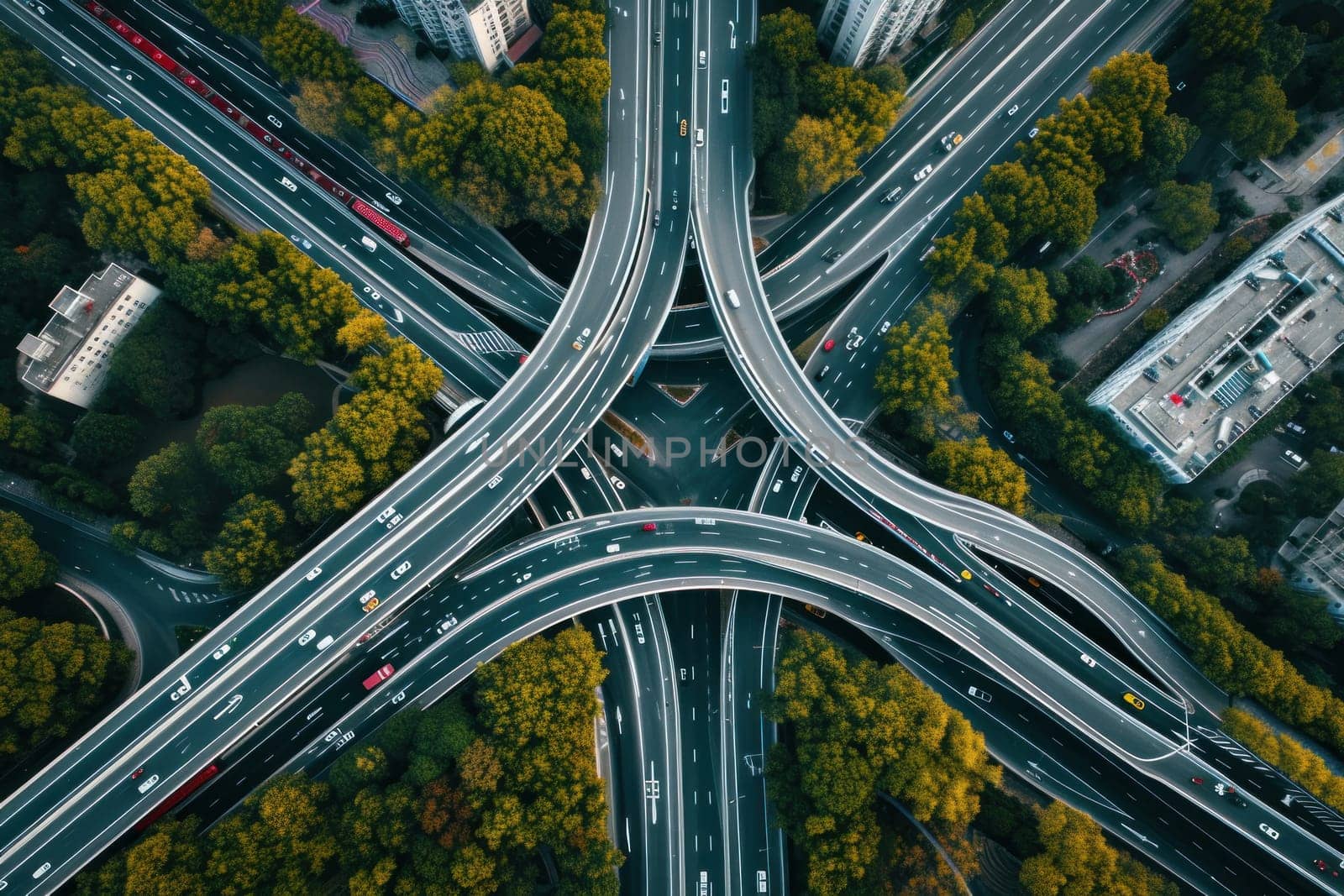 Shot of aerial capture of a highway interchange with a central railway line. Generative AI.