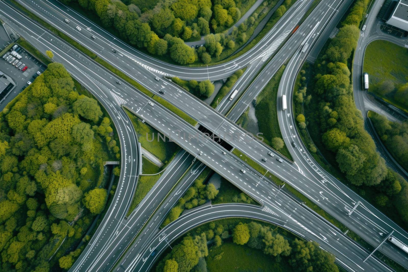 Shot of aerial capture of a highway interchange with a central railway line. Generative AI.