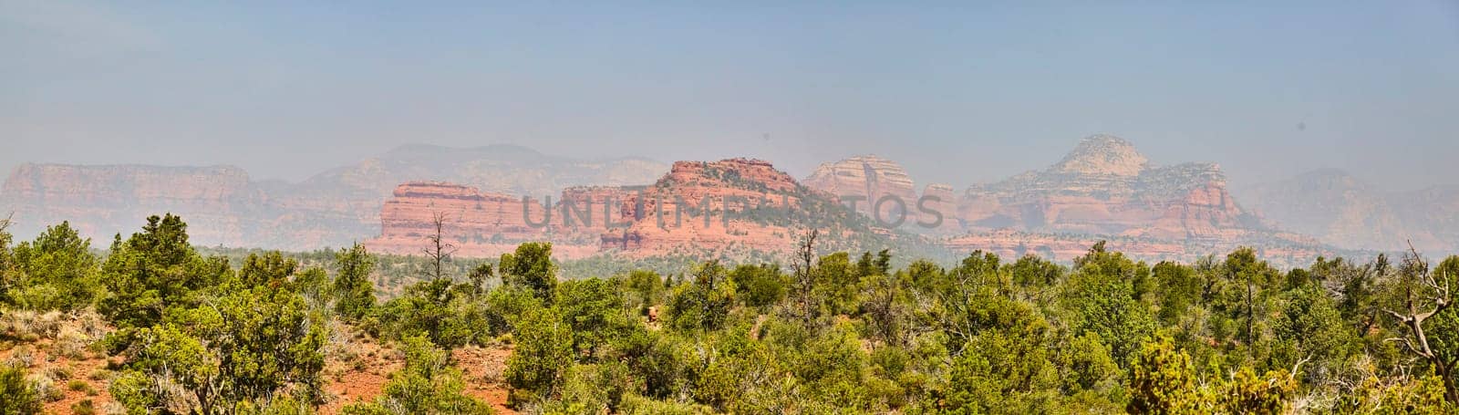 Panoramic view of serene desert beauty in Sedona, Arizona, 2016, highlighting red rock formations and vibrant desert flora