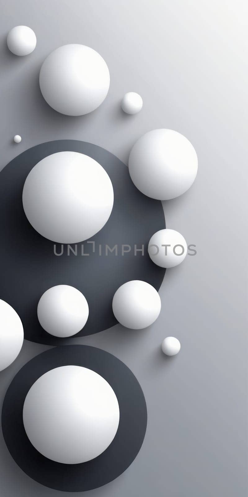 A gradient wallpaper with Spherical shapes using white and darkgrey colors. Generative AI.