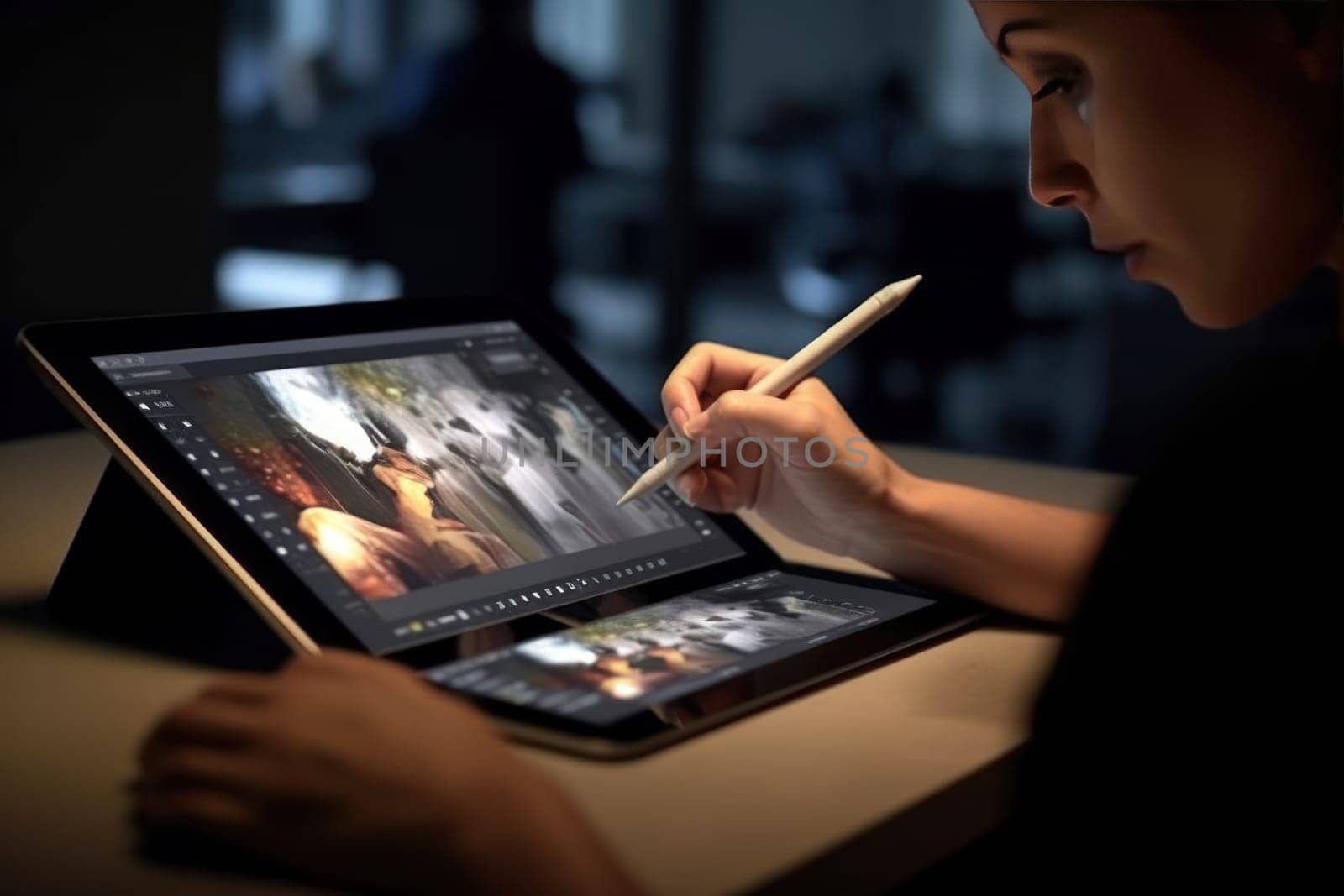 Close up of a Graphic Designer hand drawing on a digital tablet Generative AI.