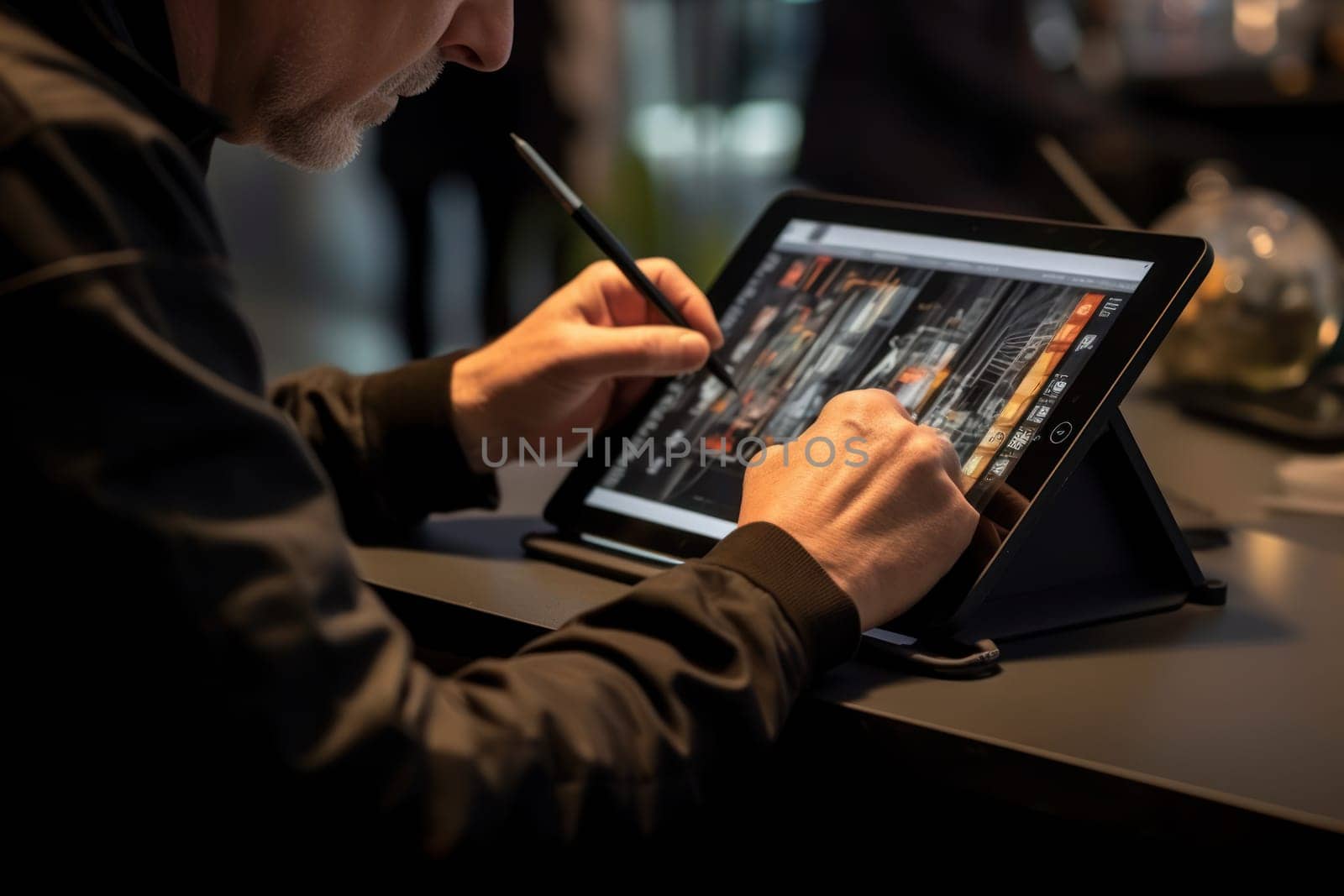 Close up of a Graphic Designer hand drawing on a digital tablet Generative AI.