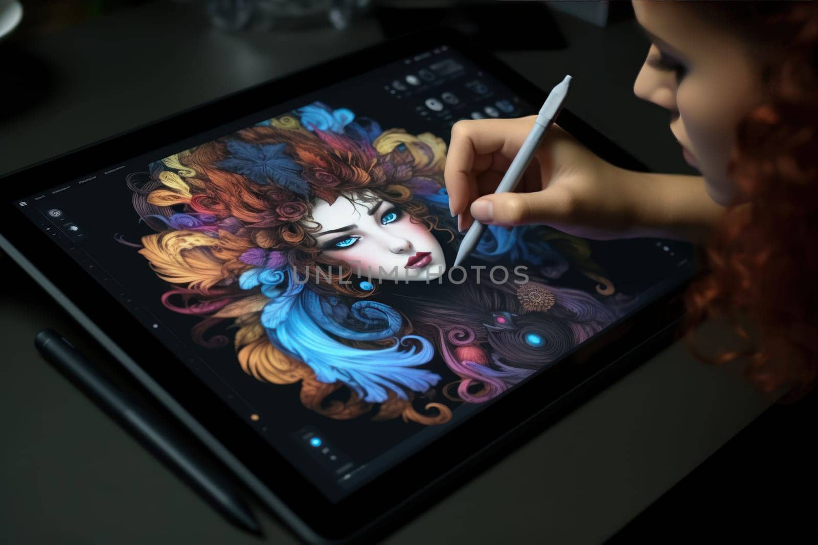 Close up of a Graphic Designer hand drawing on a digital tablet Generative AI.