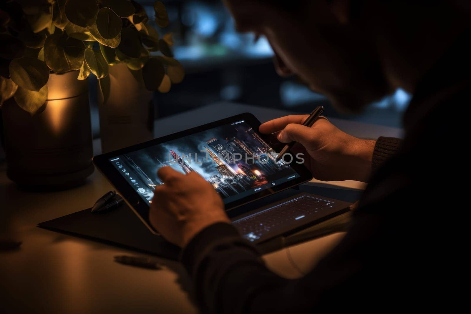 Close up of a Graphic Designer hand drawing on a digital tablet Generative AI.