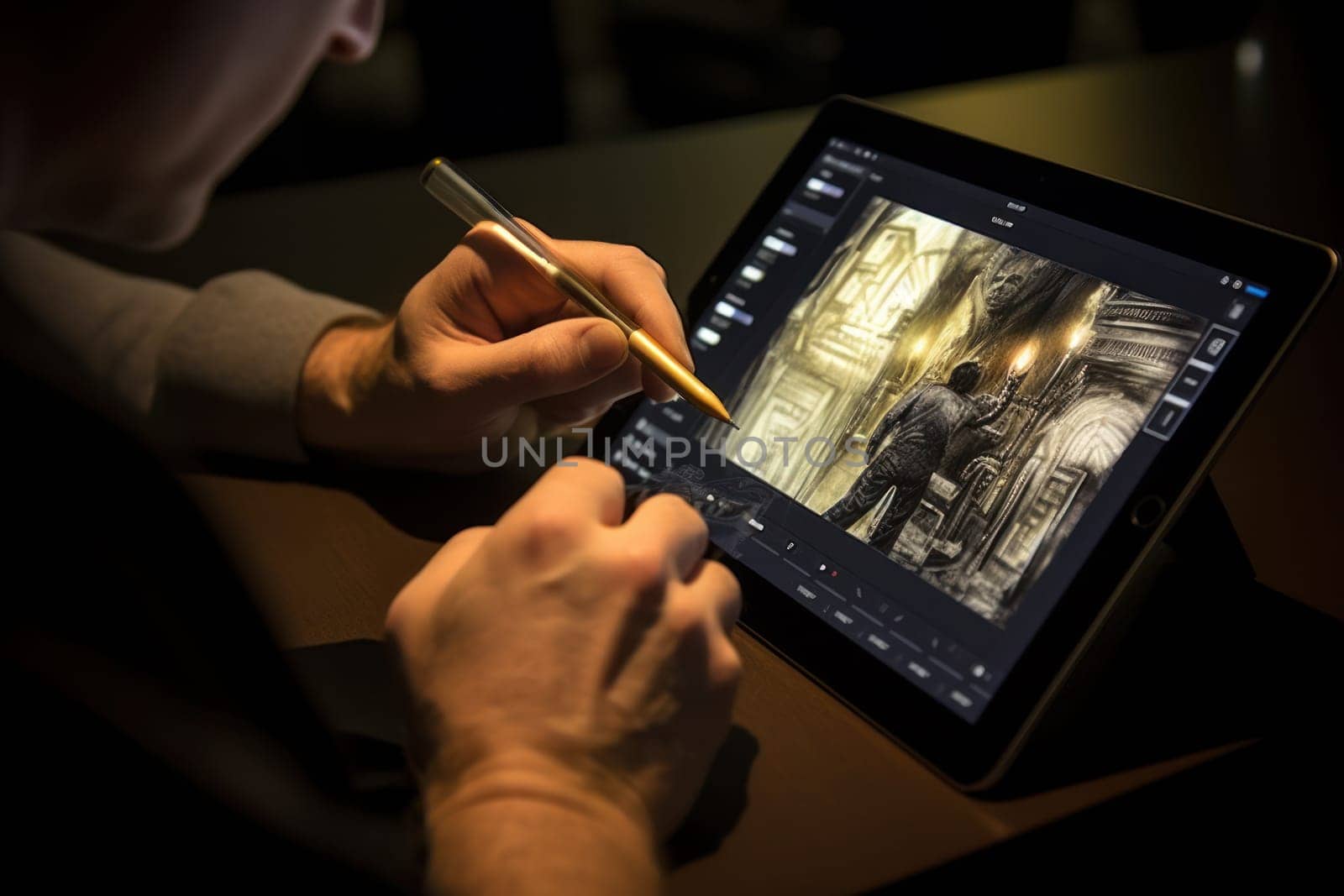 Close up of a Graphic Designer hand drawing on a digital tablet Generative AI.