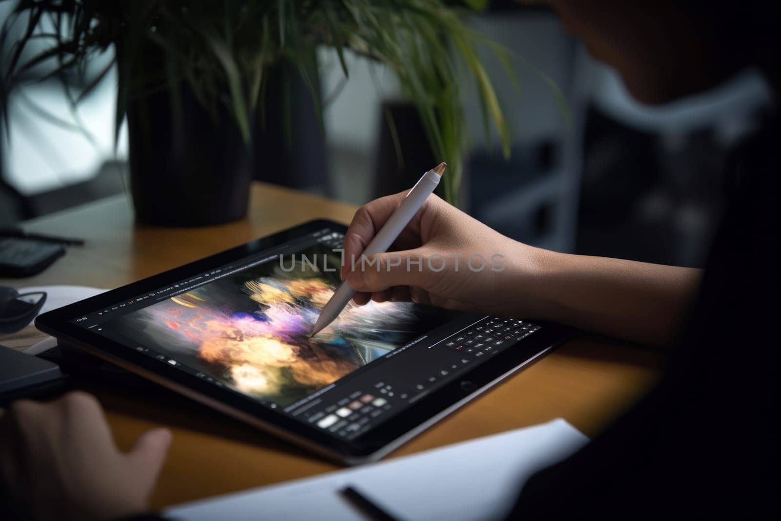 Close up of a Graphic Designer hand drawing on a digital tablet Generative AI.