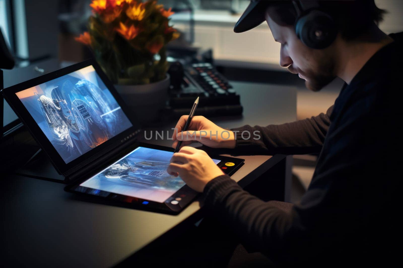 Close up of a Graphic Designer hand drawing on a digital tablet Generative AI.