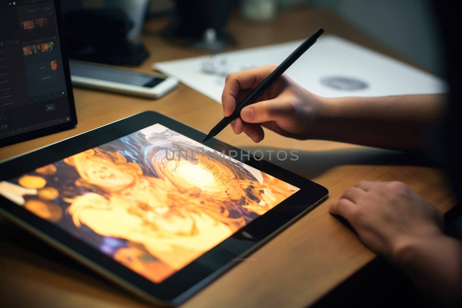 Close up of a Graphic Designer hand drawing on a digital tablet Generative AI.