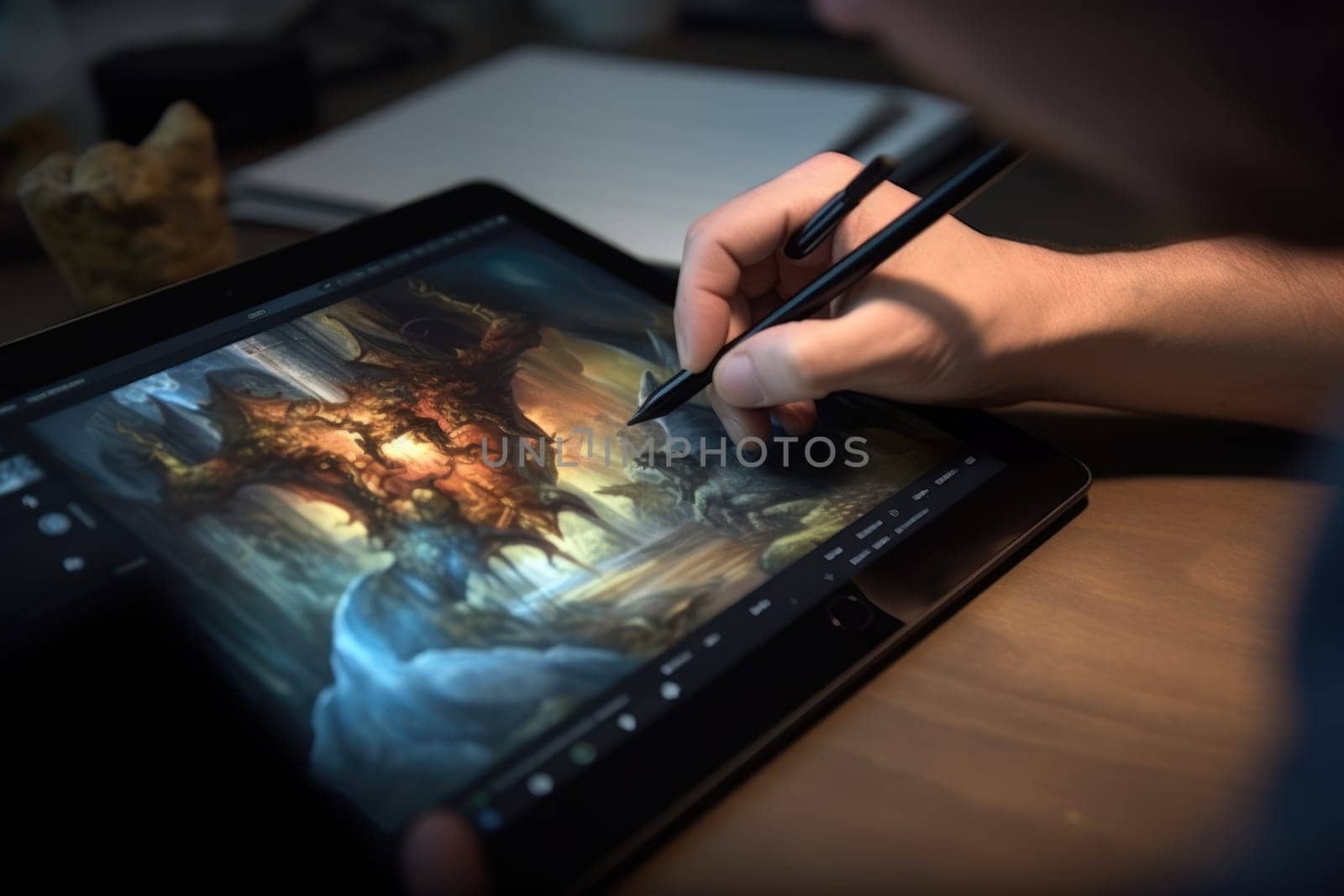 Close up of a Graphic Designer hand drawing on a digital tablet Generative AI.