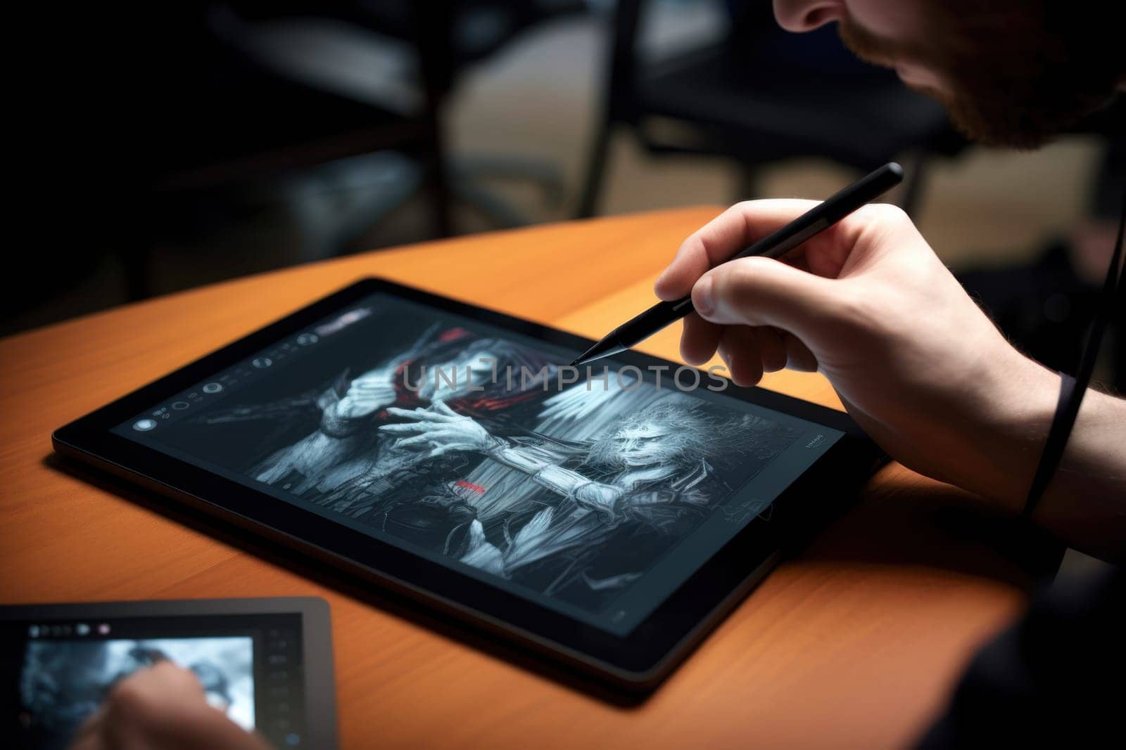 Close up of a Graphic Designer hand drawing on a digital tablet Generative AI.