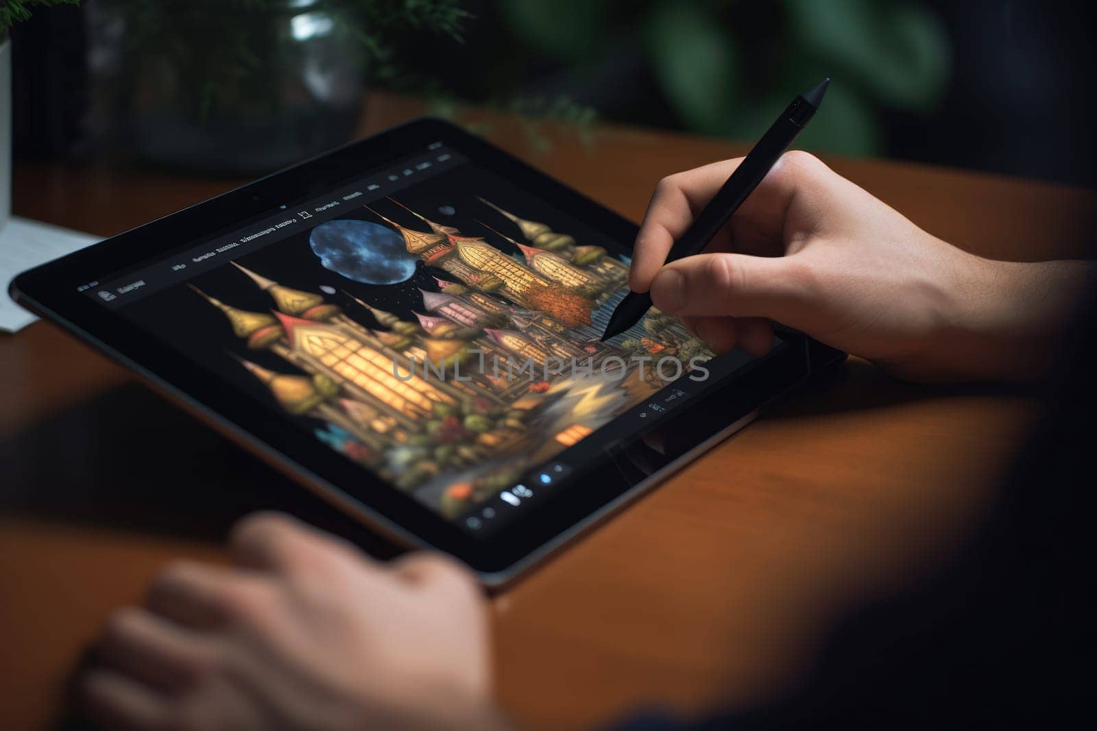 Close up of a Graphic Designer hand drawing on a digital tablet Generative AI.