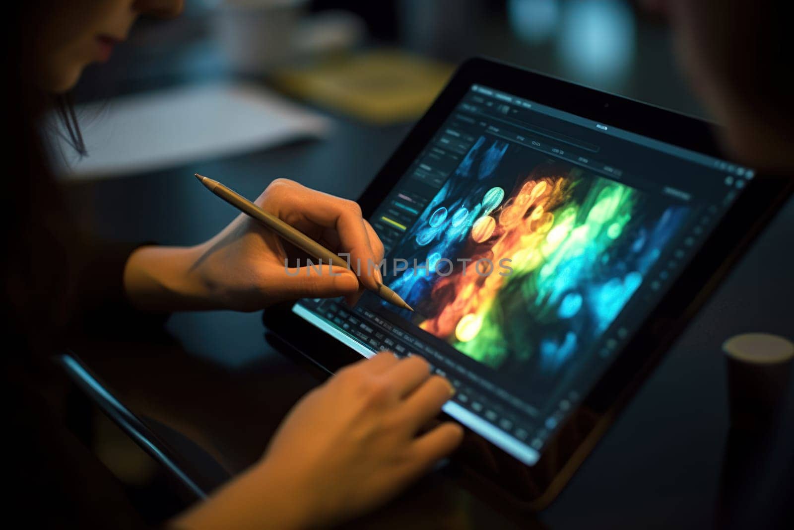 Close up of a Graphic Designer hand drawing on a digital tablet Generative AI.