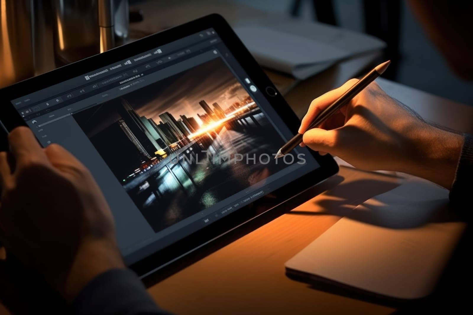 Close up of a Graphic Designer hand drawing on a digital tablet Generative AI.