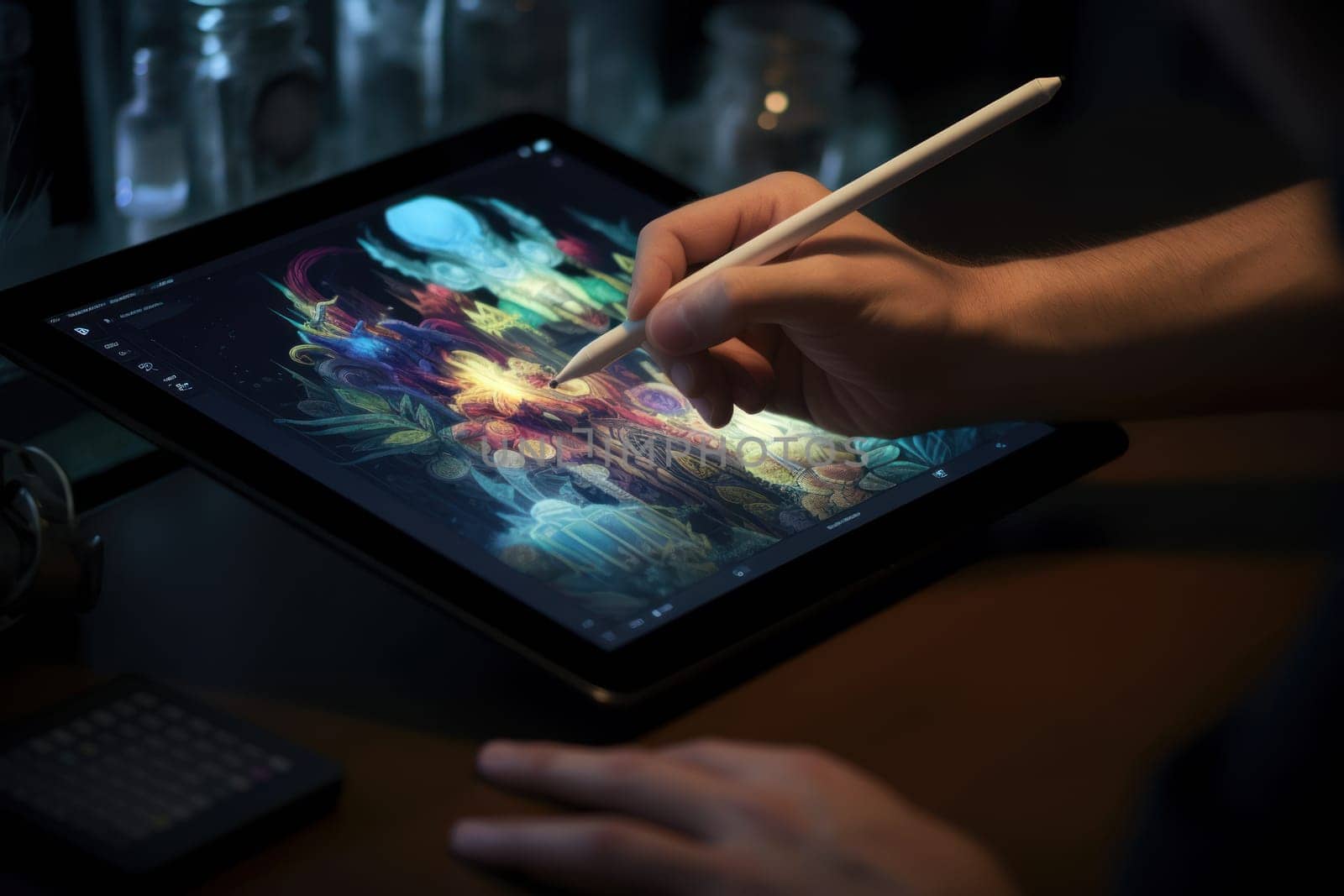 Close up of a Graphic Designer hand drawing on a digital tablet Generative AI.