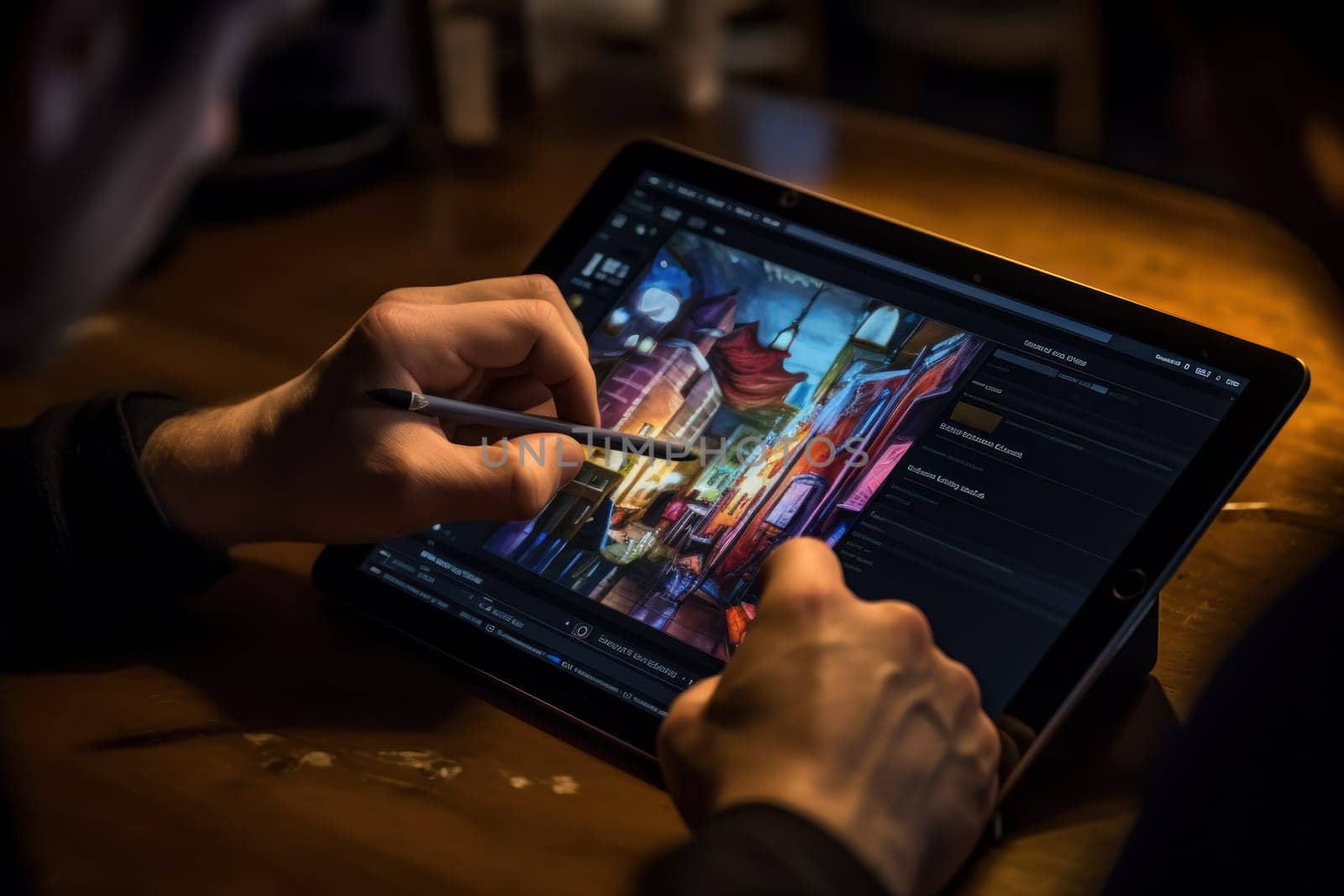Close up of a Graphic Designer hand drawing on a digital tablet Generative AI.