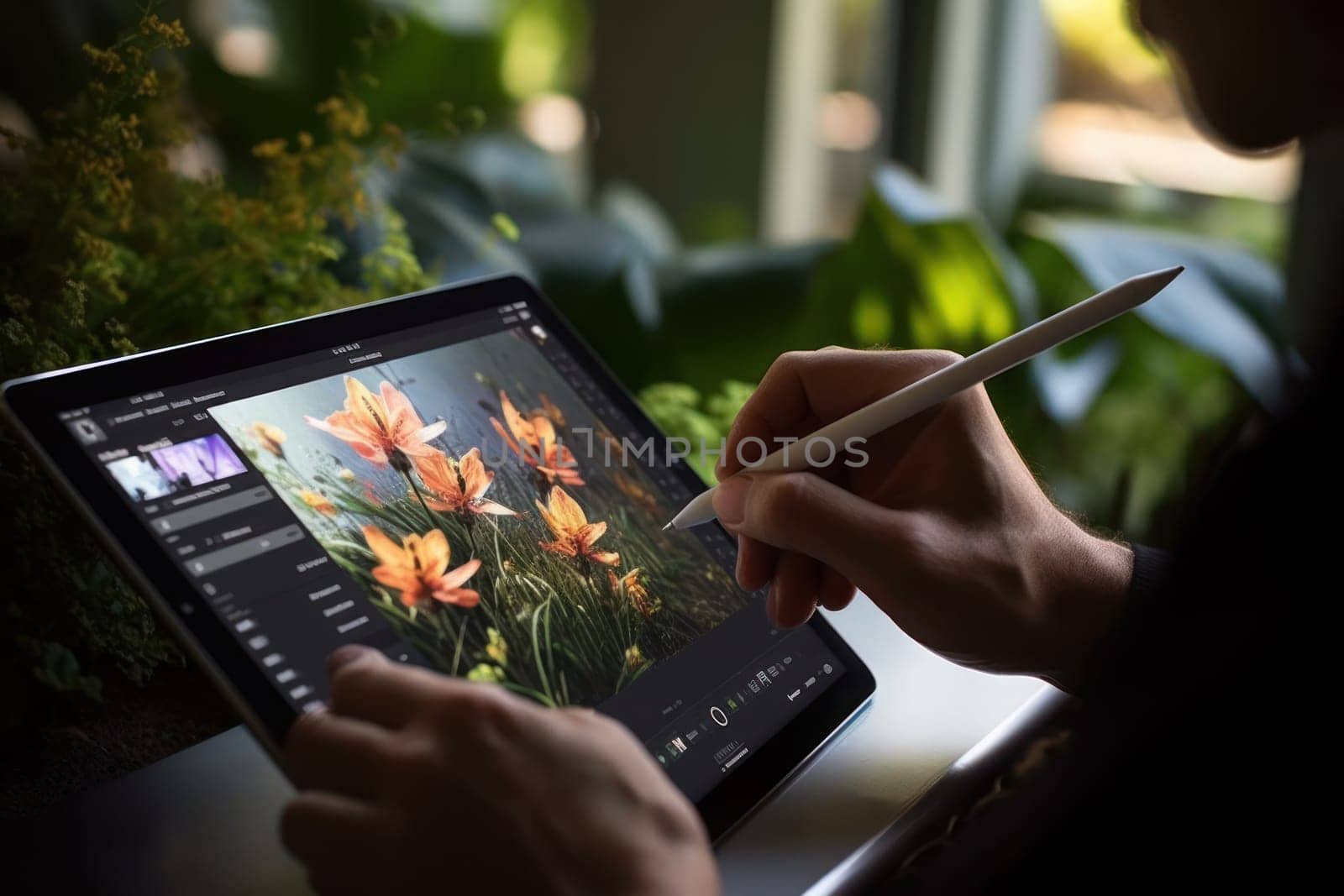 Close up of a Graphic Designer hand drawing on a digital tablet Generative AI.