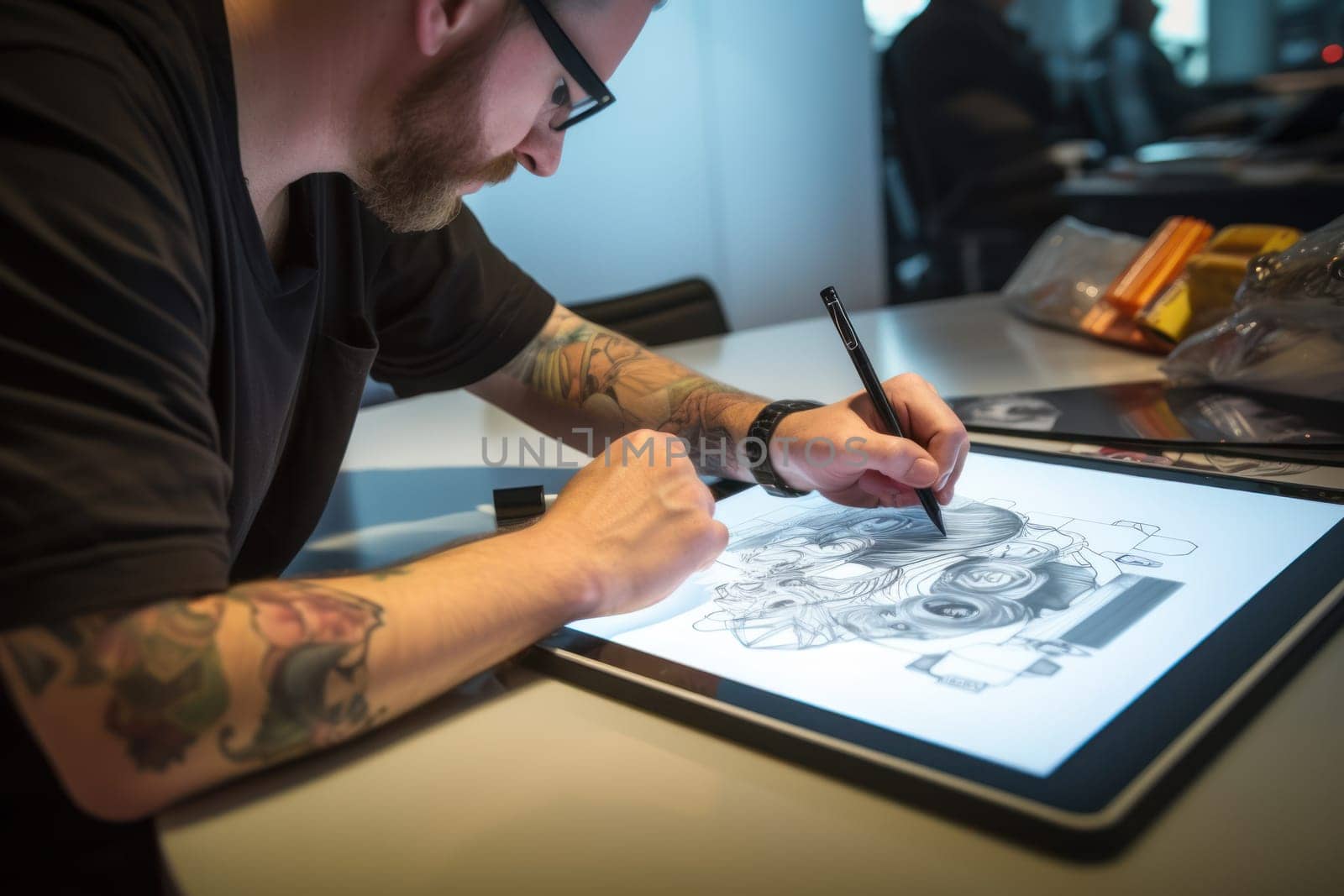 Close up of a Graphic Designer hand drawing on a digital tablet Generative AI.