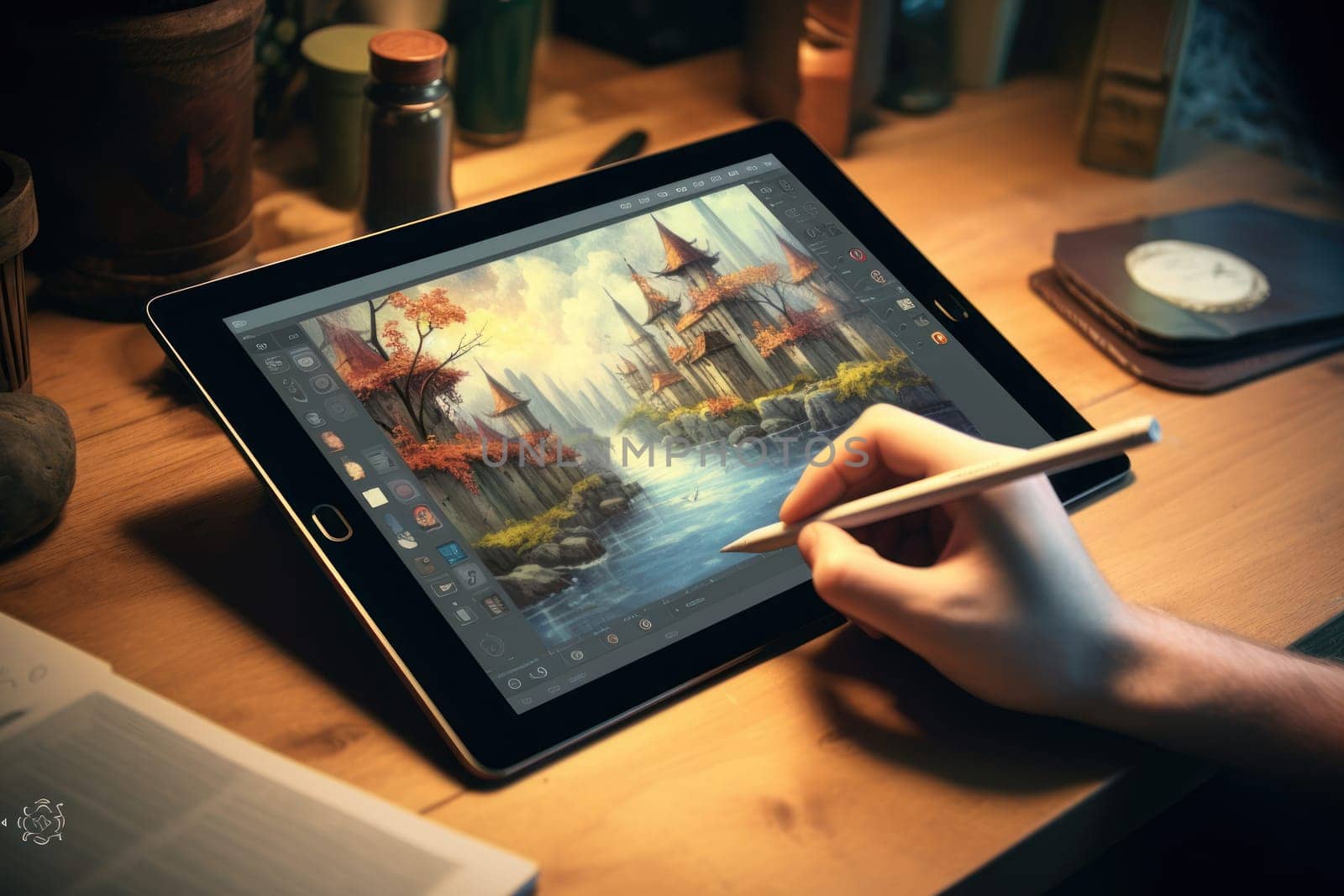 Close up of a Graphic Designer hand drawing on a digital tablet Generative AI.