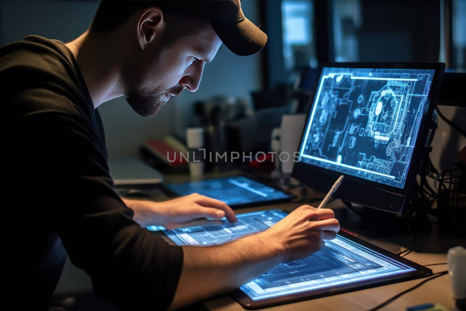 Close up of a Graphic Designer hand drawing on a digital tablet Generative AI.