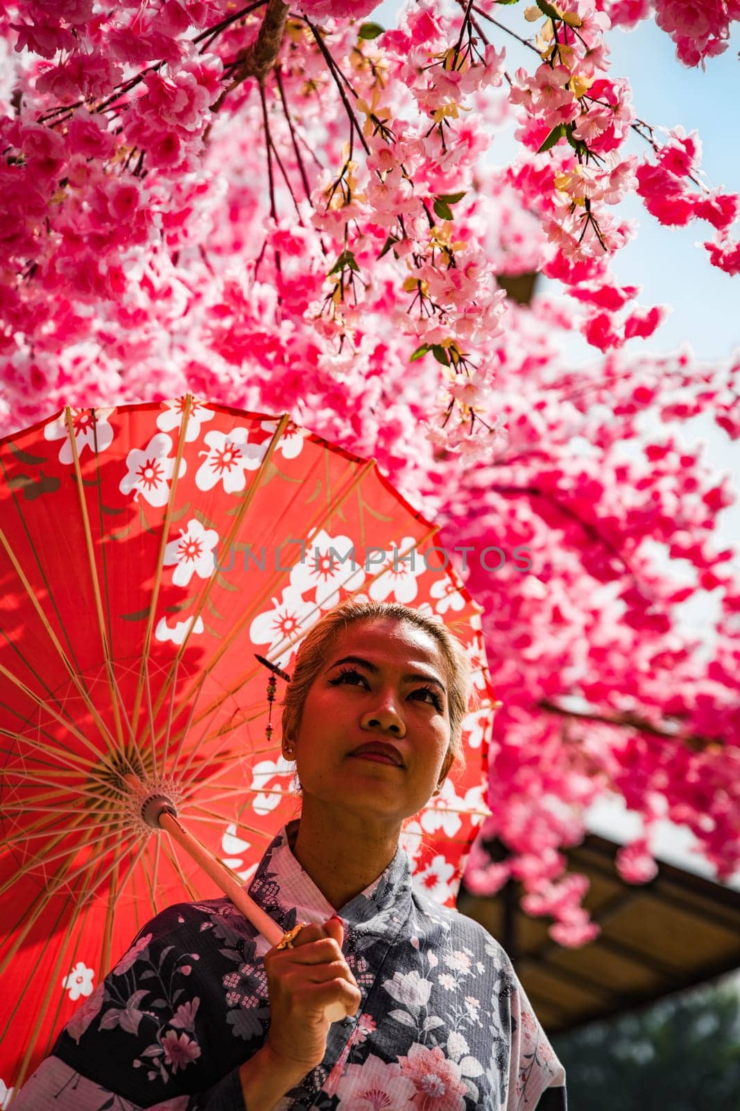 Asian girl in kimono and umbrella in Japanese theme park Hinoki Land in Chai Prakan District, Chiang Mai