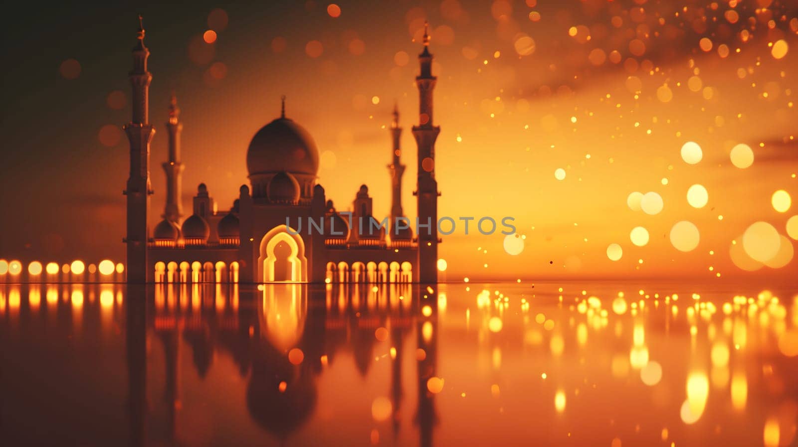 Ramadan mosque at golden dusk background, neural network generated image by z1b