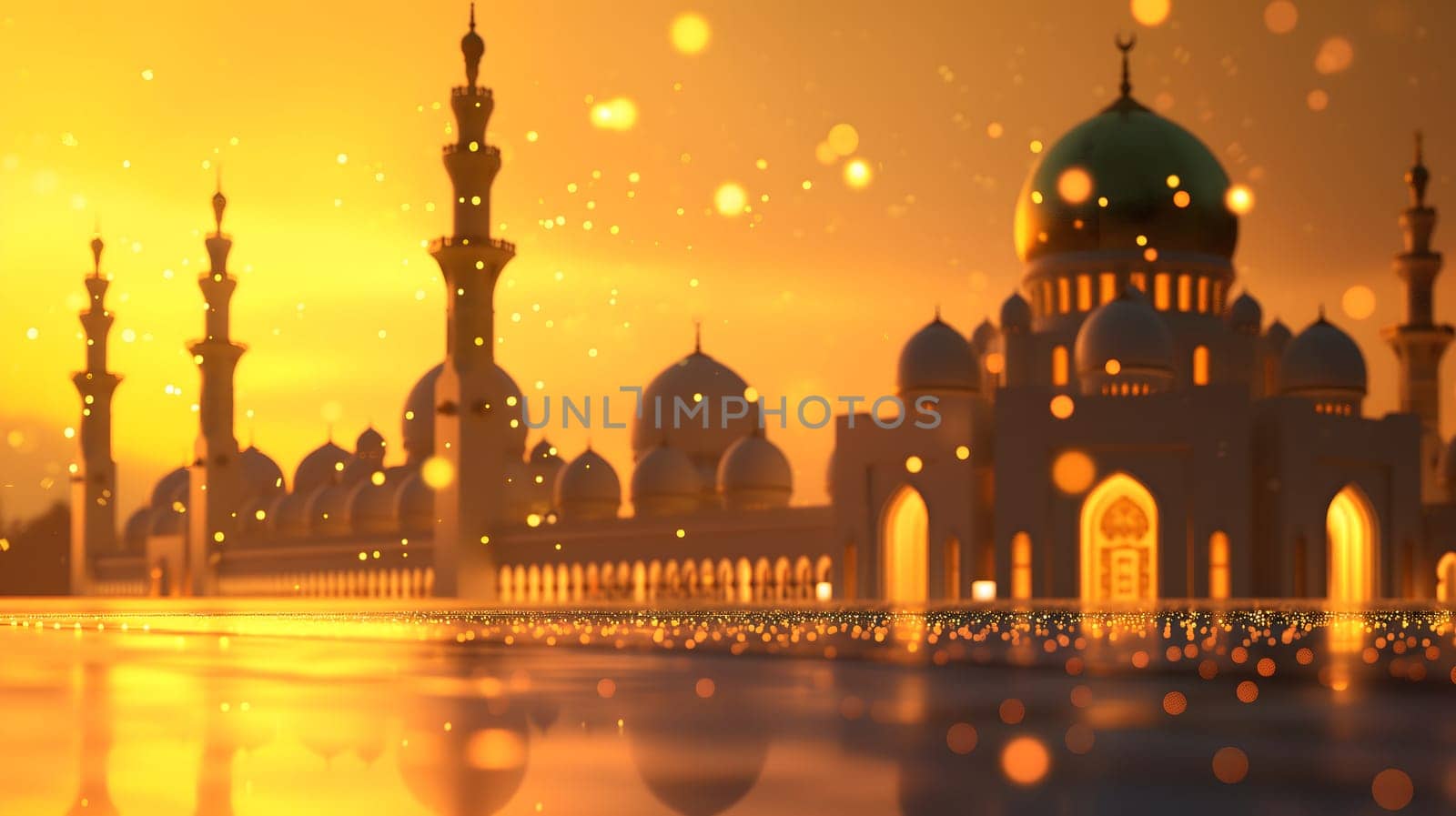Ramadan mosque at golden dusk background. Neural network generated in January 2024. Not based on any actual scene or pattern.