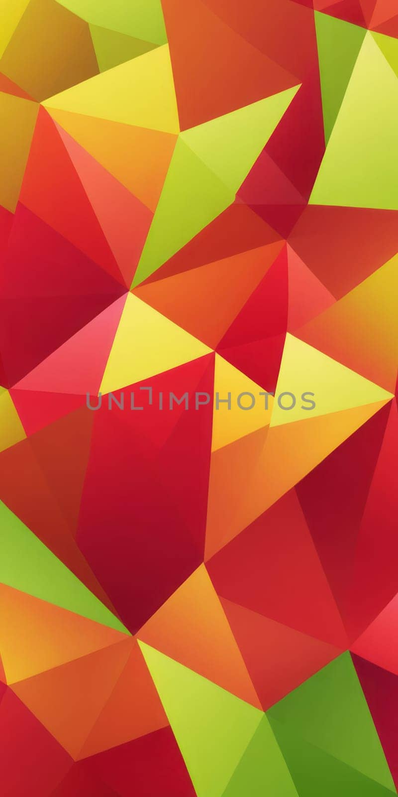 A gradient wallpaper with Crystalline shapes using red and chartreuse colors. Generative AI.