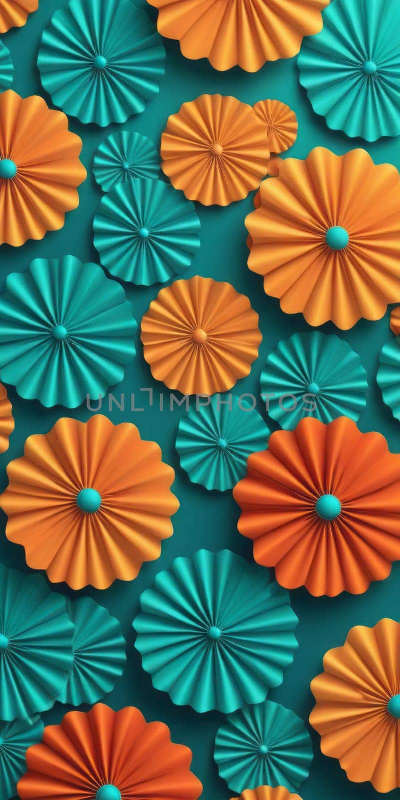 A gradient wallpaper with Rosette shapes using orange and aqua colors. Generative AI.