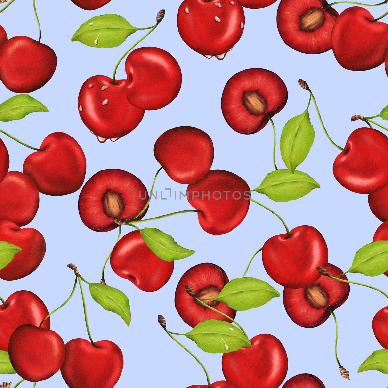 Seamless watercolor pattern featuring succulent, vibrant cherries. Ideal for kitchen decor, recipes, textiles, jam labels, aprons, packaging, juices, cherry sweets, and gum. Blue background by Art_Mari_Ka
