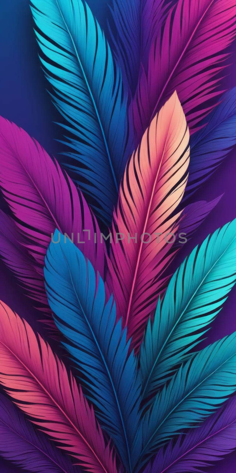 A gradient wallpaper with Feathered shapes using blue and magenta colors. Generative AI.