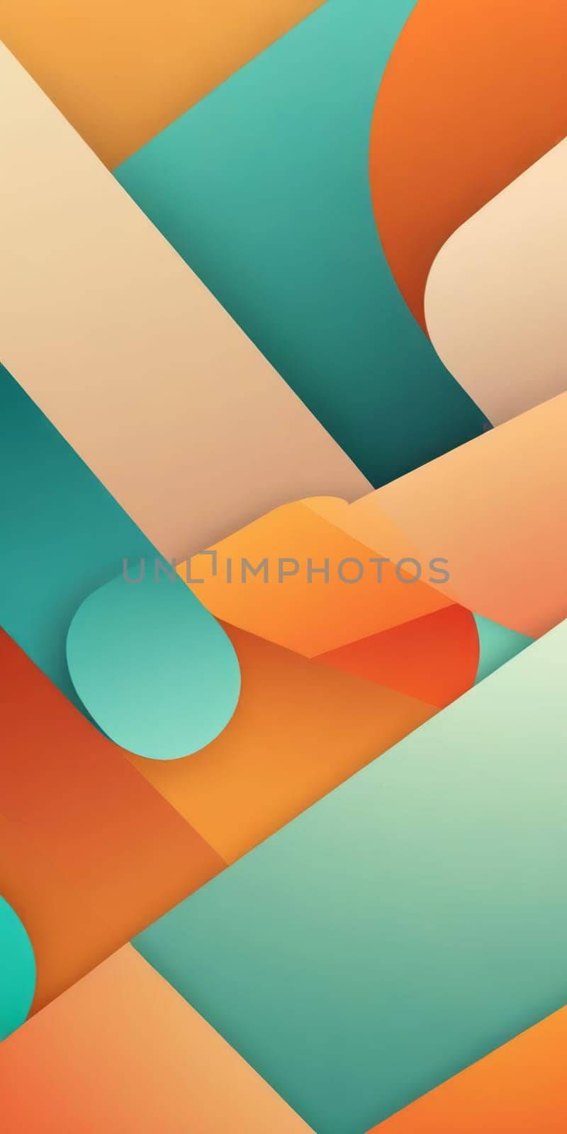 A gradient wallpaper with Patched shapes using orange and mintcream colors. Generative AI.