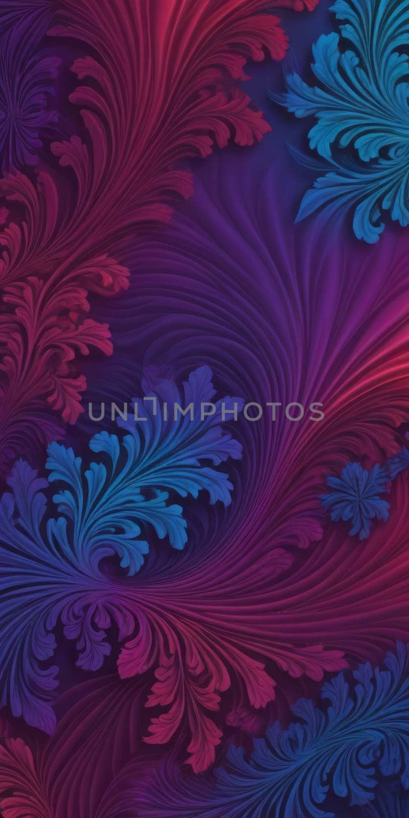 A gradient wallpaper with Fractal shapes using maroon and blueviolet colors. Generative AI.