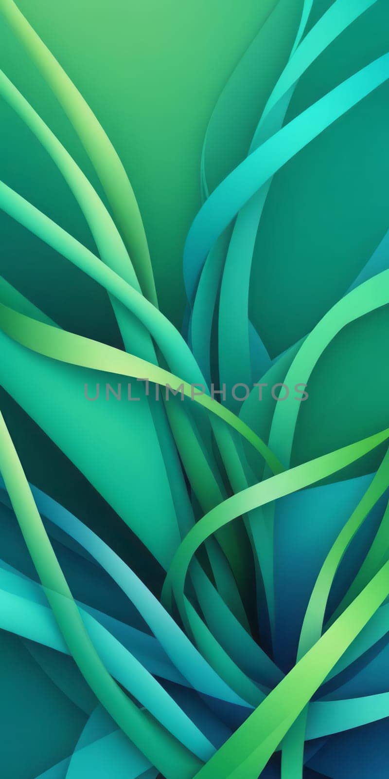 An artwork with Intertwined shapes using green and powderblue gradient colors. Generative AI.