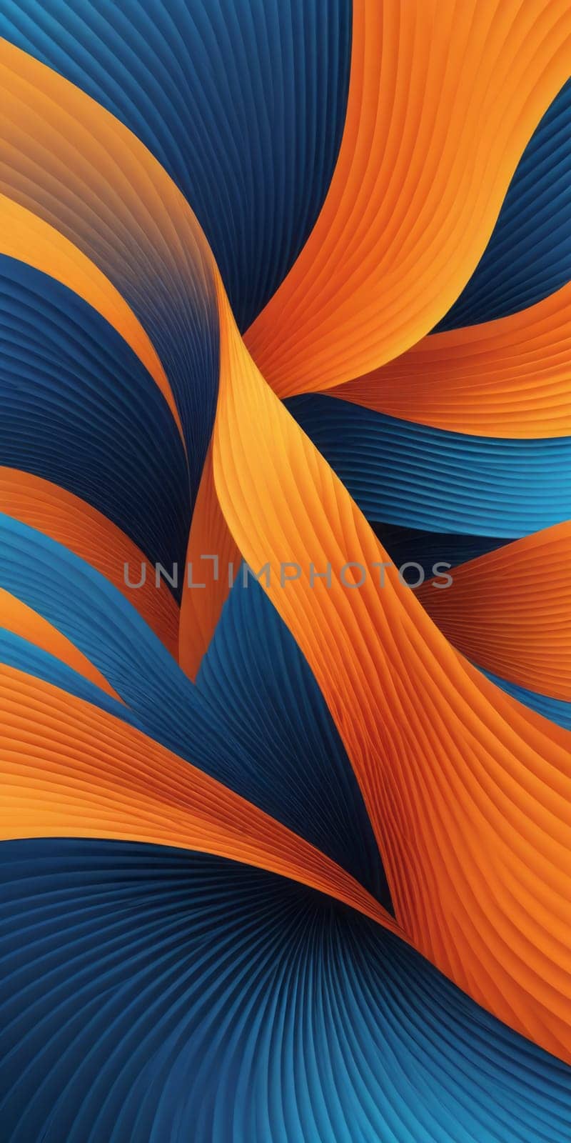 An artwork with Fanned shapes using blue and orange gradient colors. Generative AI.