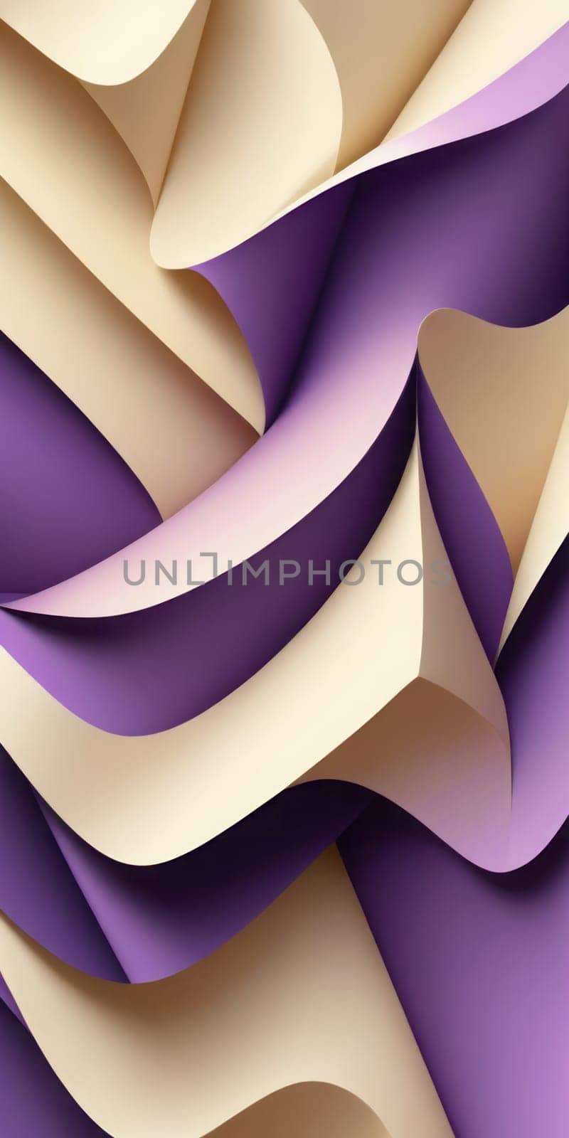 An artwork with Folded shapes using purple and ivory gradient colors. Generative AI.