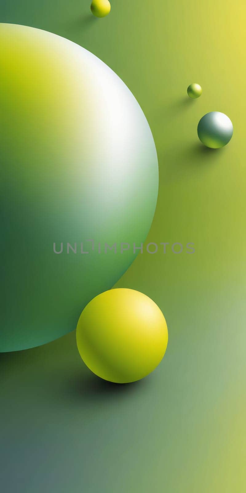 An artwork with Spherical shapes using silver and yellowgreen gradient colors. Generative AI.