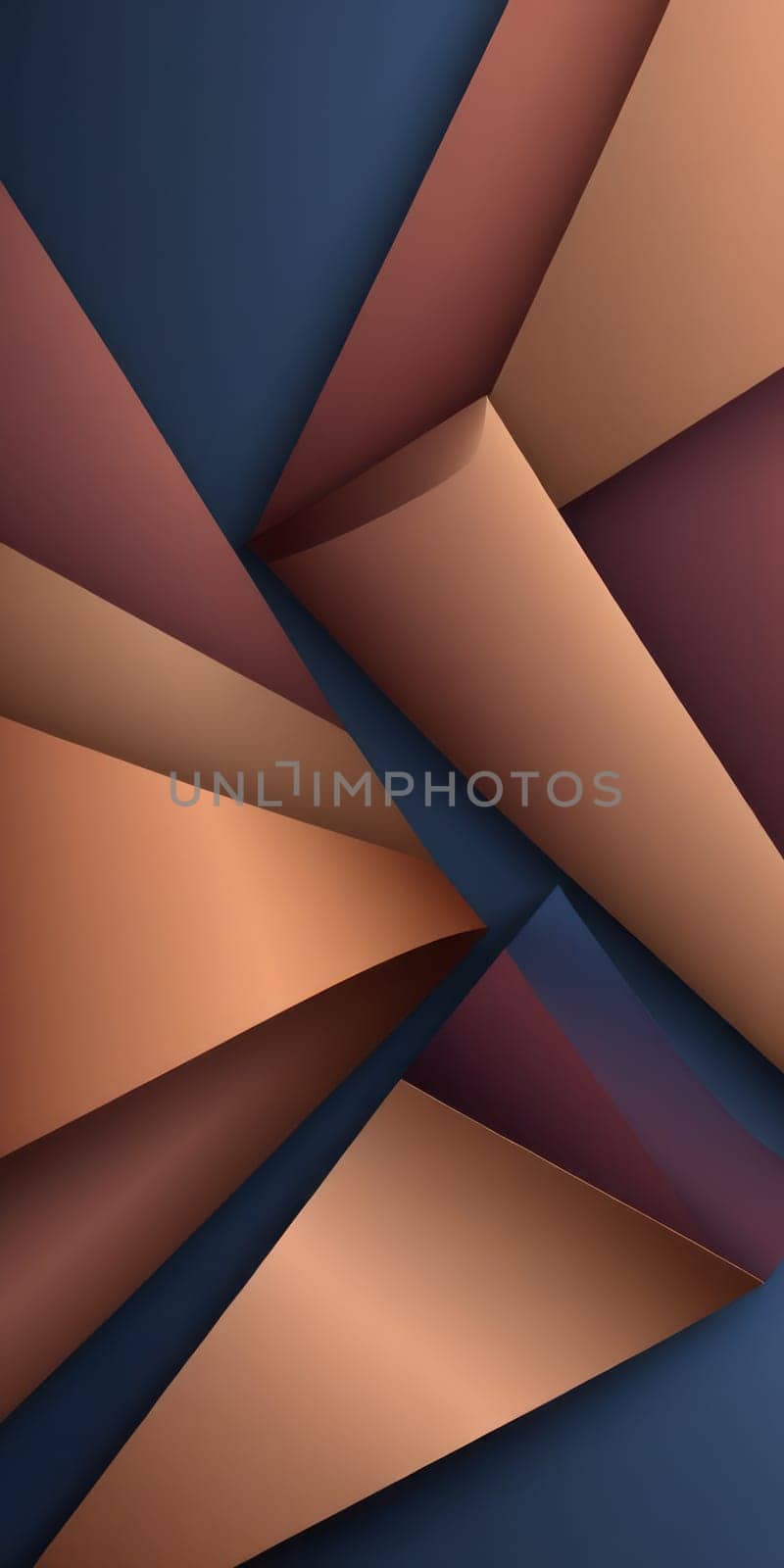 An artwork with Asymmetrical shapes using navy and chocolate gradient colors. Generative AI.