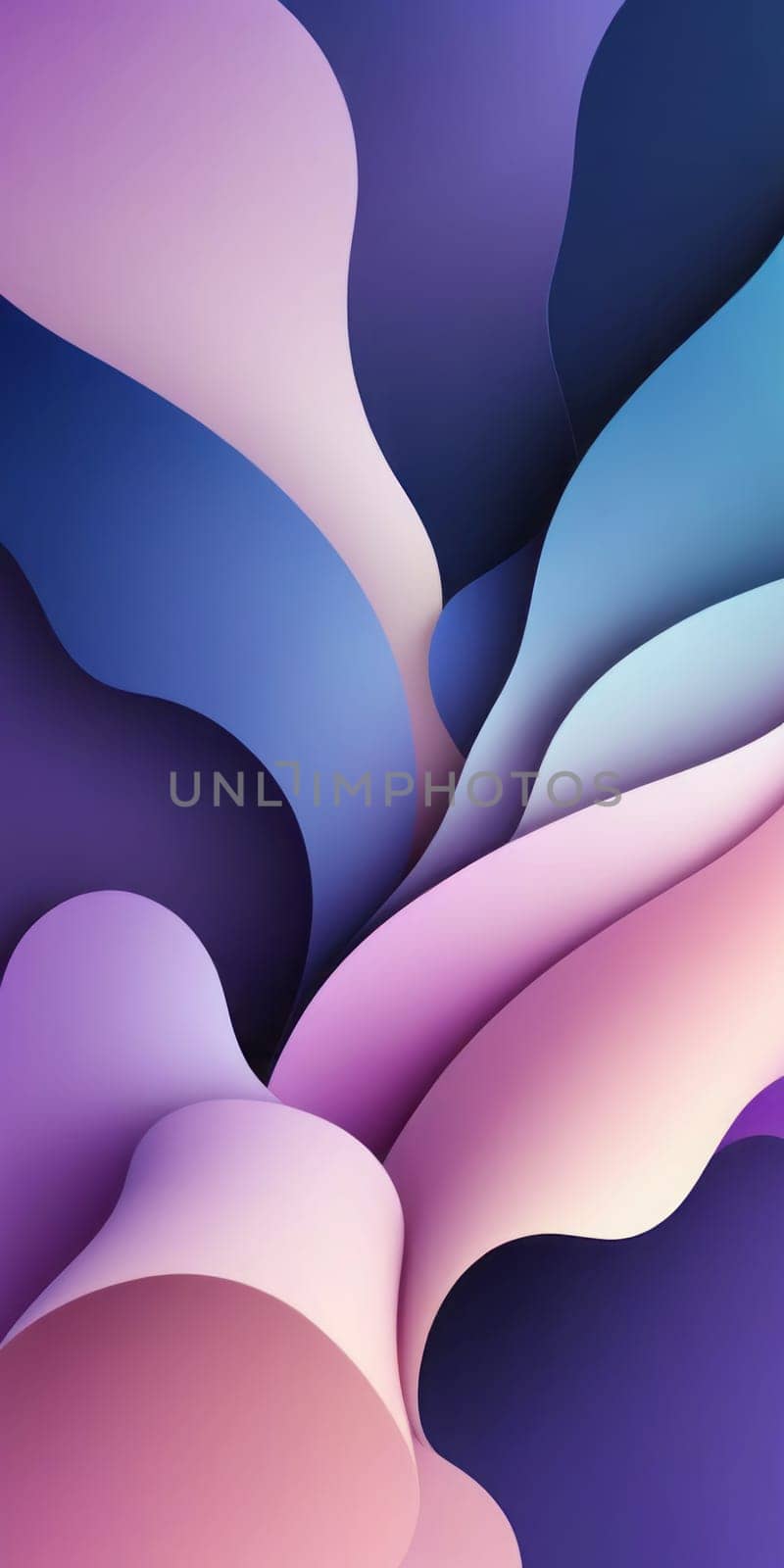 An artwork with Organic shapes using navy and orchid gradient colors. Generative AI.