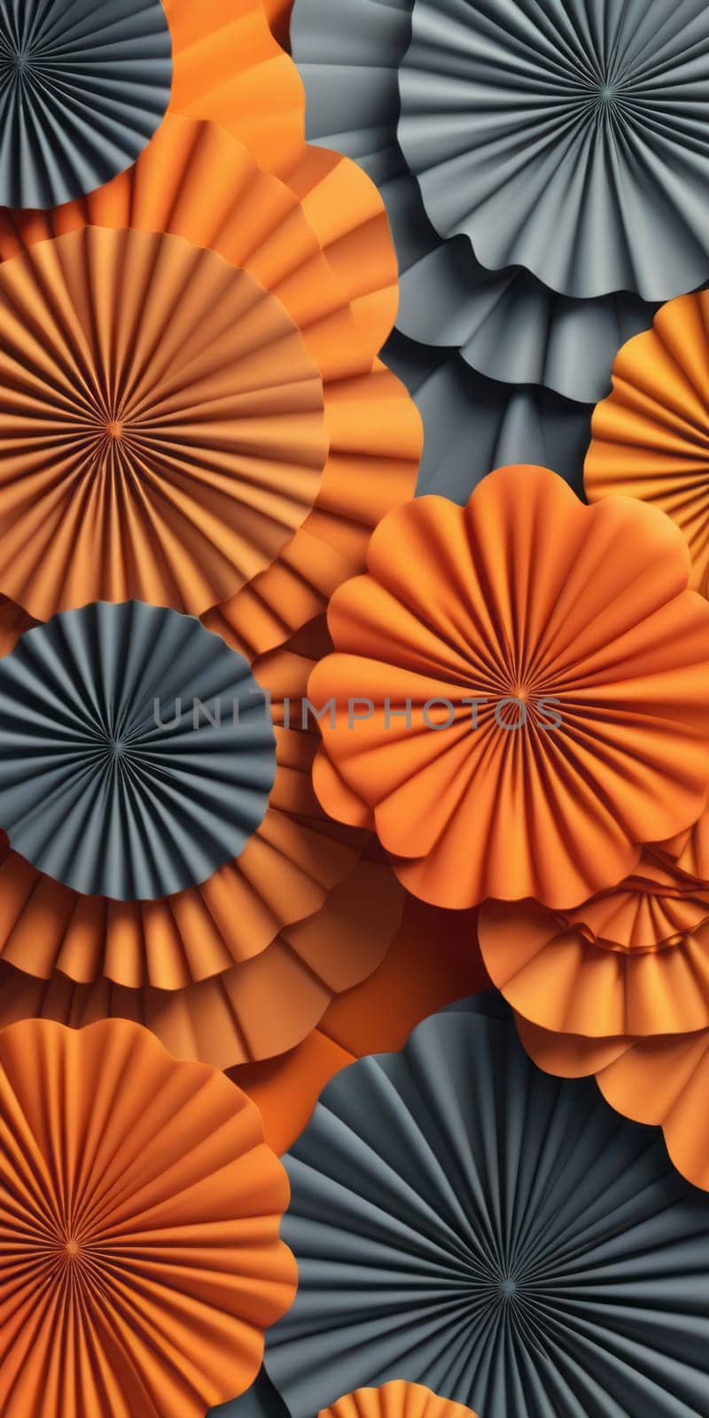 An artwork with Rosette shapes using orange and dimgrey gradient colors. Generative AI.