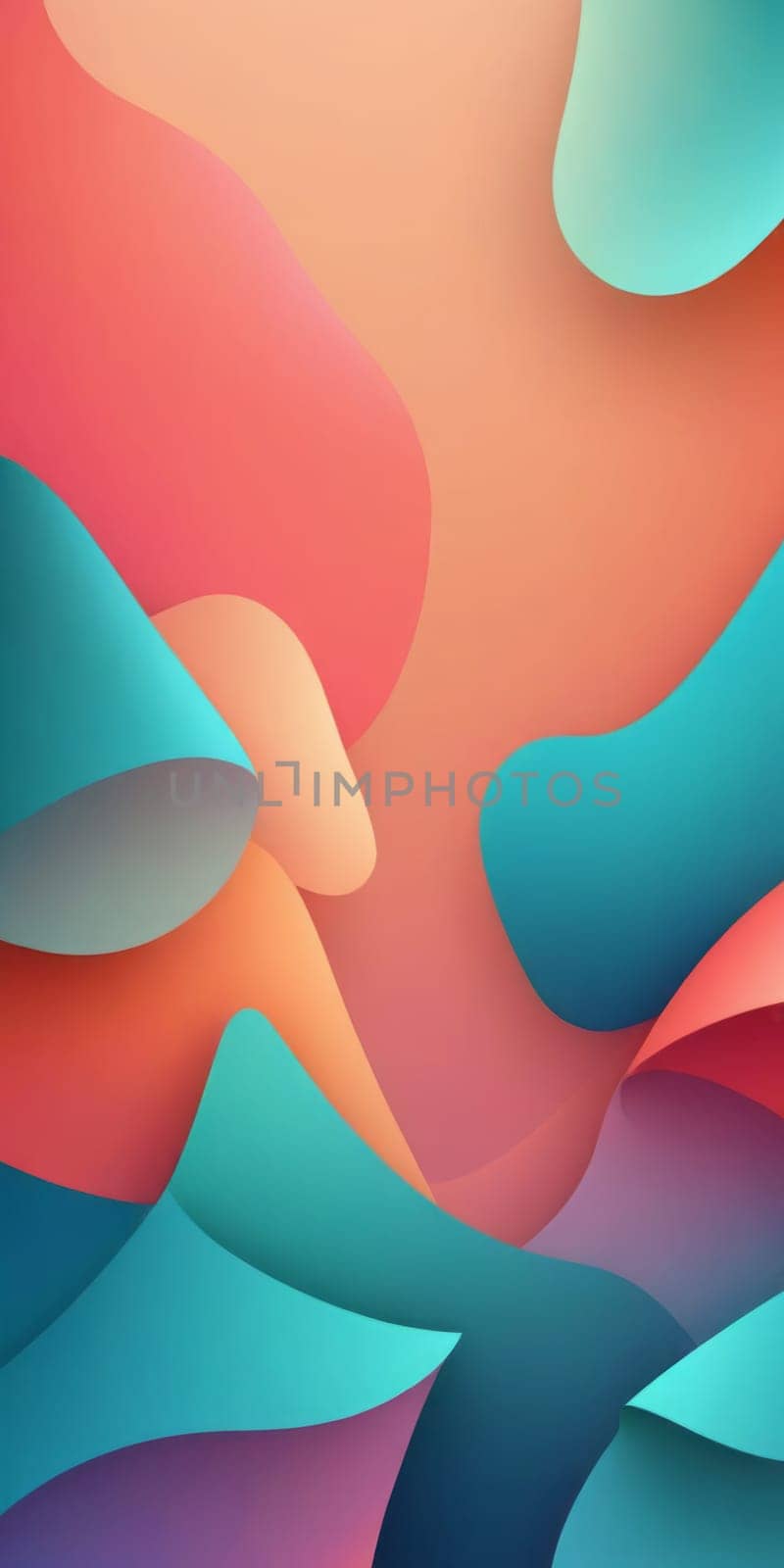 An artwork with Irregular shapes using aqua and coral gradient colors. Generative AI.
