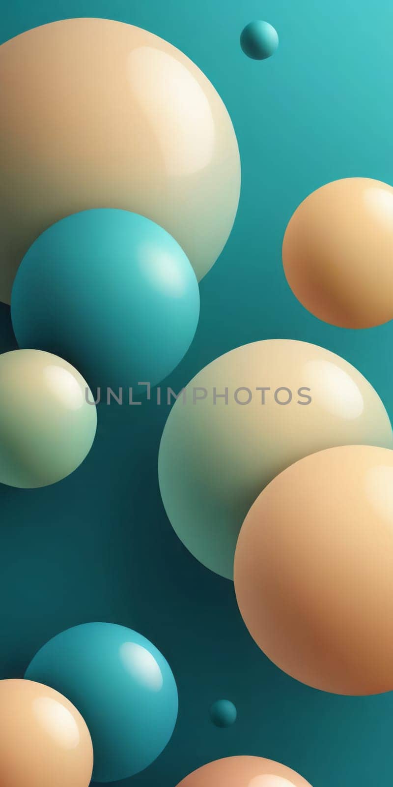 An artwork with Spherical shapes using teal and beige gradient colors. Generative AI.