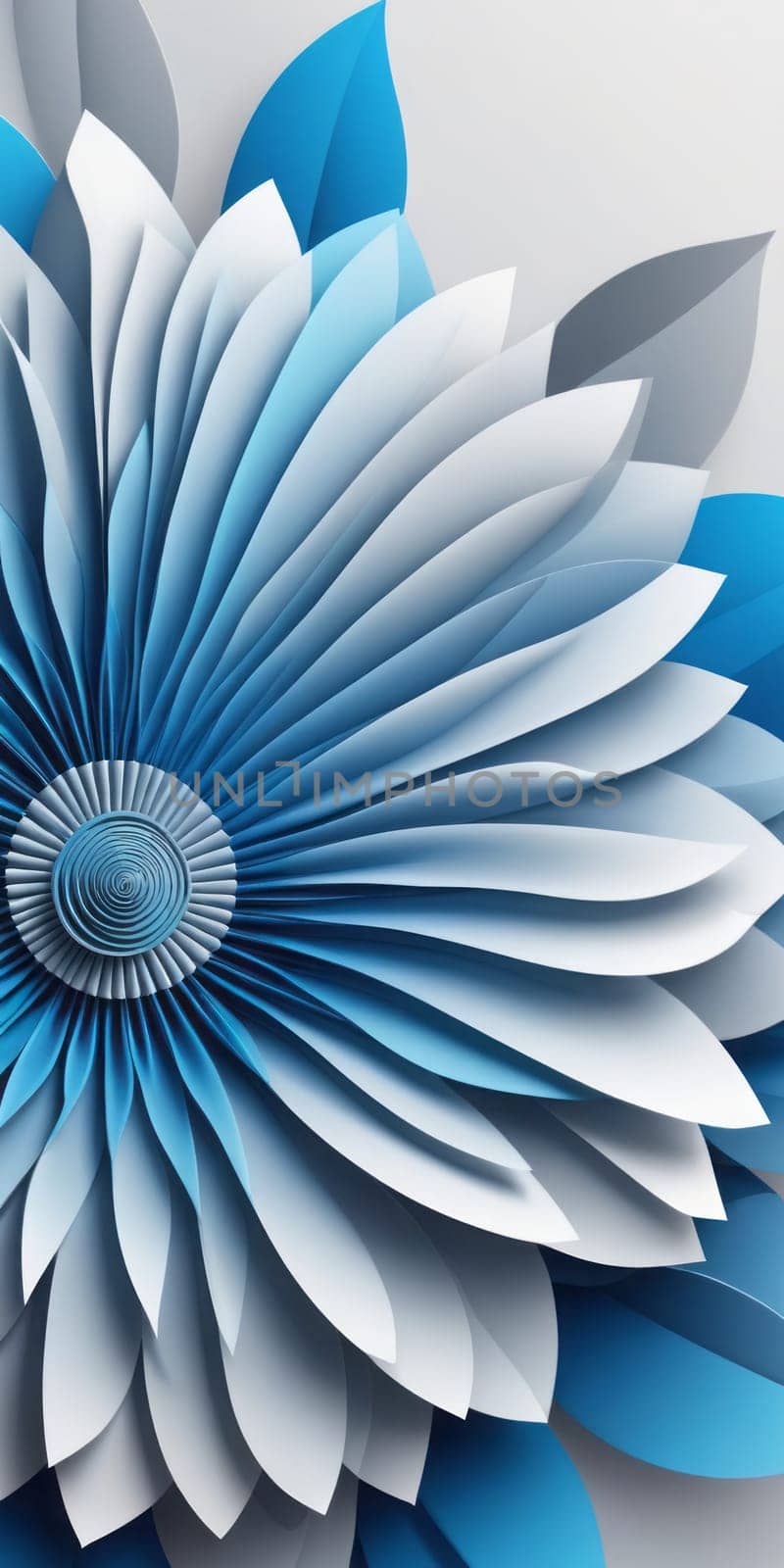 An artwork with Rosette shapes using blue and lightgrey gradient colors. Generative AI.