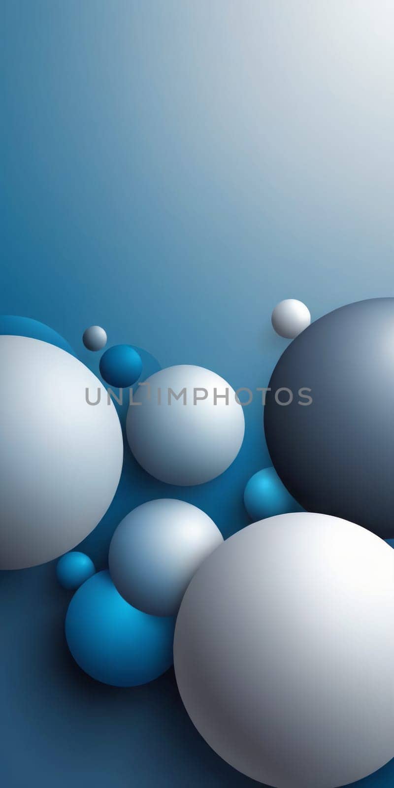 An artwork with Spherical shapes using blue and gray gradient colors. Generative AI.