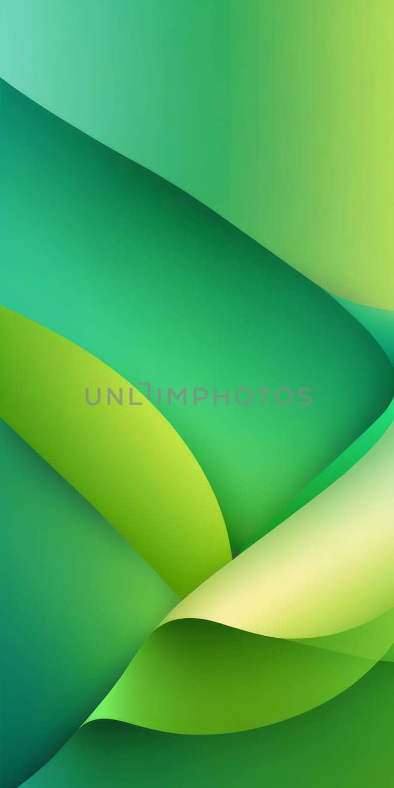 An artwork with Asymmetrical shapes using green and lightgreen gradient colors. Generative AI.